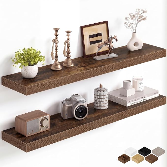 Fun Memories 40Inch Floating Shelves for Wall, 8 Inch Deep Shelves for Bathroom|Bedroom|Kitchen, Large Wall Mounted Wood Hanging Shelf with Invisible Brackets for Home Storage Decor, Brown - 2 Pack