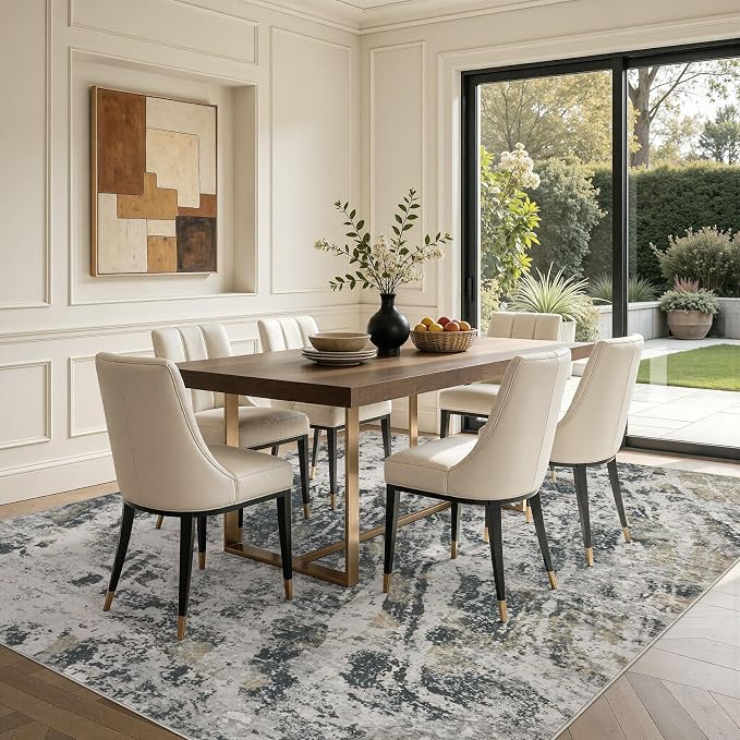 DMOYEST Area Rug Living Room Rugs - 10x12 Large Soft Indoor Neutral Modern Abstract Low Pile Washable Rug Carpet for Bedroom Dining Room Farmhouse Home Office-Black Gold/Grey