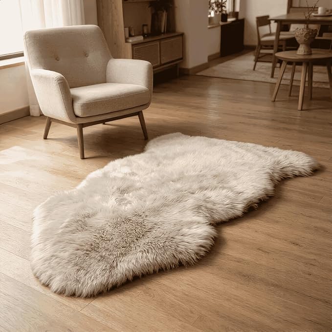 Fluffy Patchwork Sheepskin Rug with Little Patches, Fuzzy Shaggy Fur Genuine Wool Area Carpet for Bedroom Living Room Floor, Pray Pup Mat, Chair Sofa Seat Cover, Cream Brown, 2' x 3'