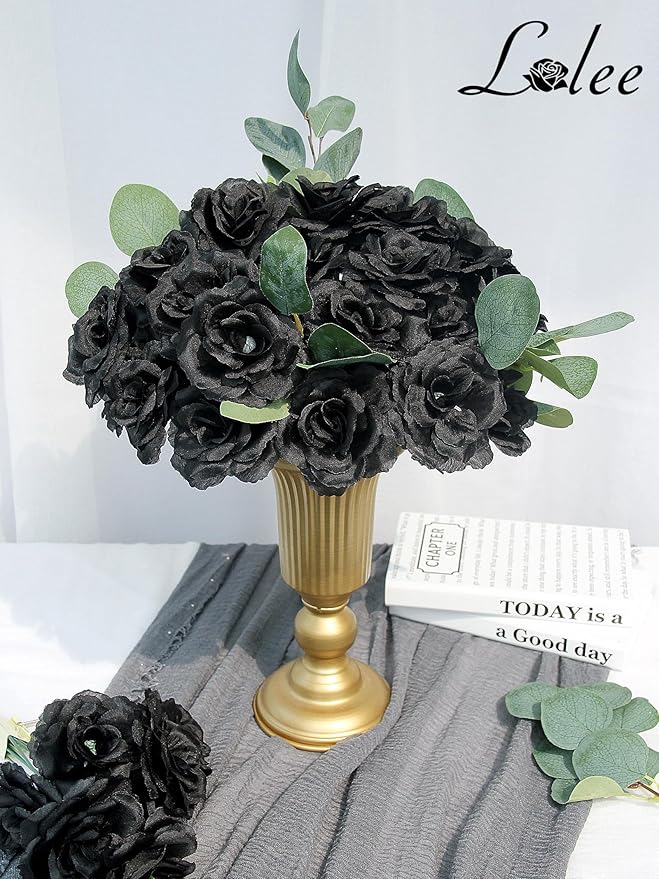 LELEE Rose Head Flowers with Stem - 108pcs Black Roses Artificial Flowers Bulk - Silk Rose Fake Flower for Bridal Gothic Wedding Bouquet Party Home Decor DIY Centerpieces Hotel Decorations