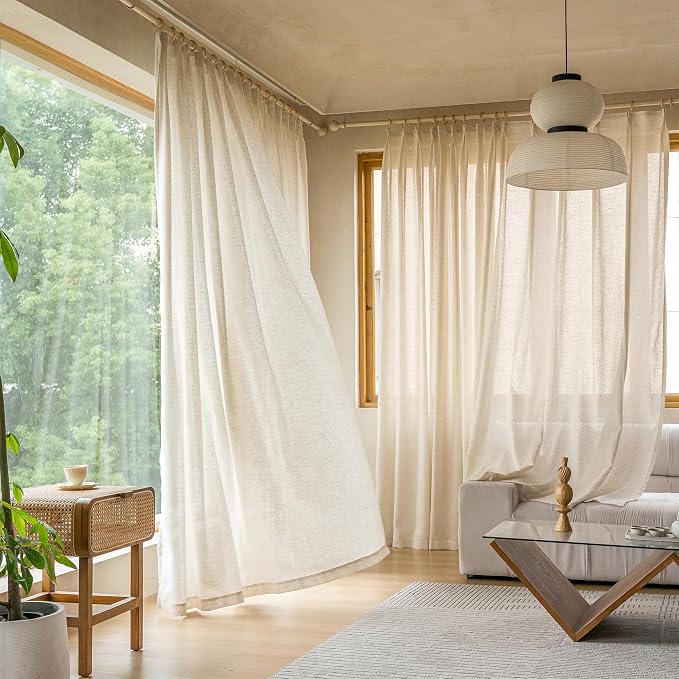 MAIHER Extra Wide Pinch Pleated Curtains 84 Inch Length Natural Linen Semi Sheer Pleated Drapes with Hooks Light Filtering Curtain for Living Room Patio Door 1 Panel 100 W x 84 L
