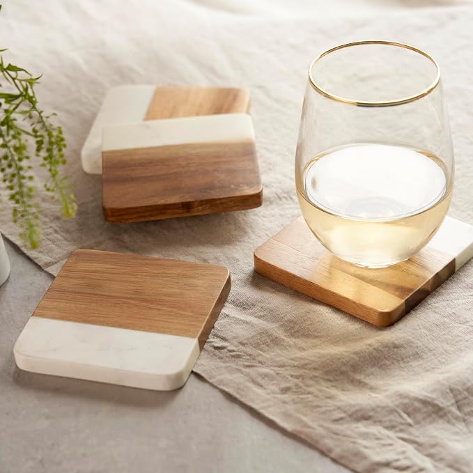 Twine Marble and Acacia Coasters, Modern Square Coasters, Acacia Wood, Marble, Protect Tables and Surfaces, Set of 4