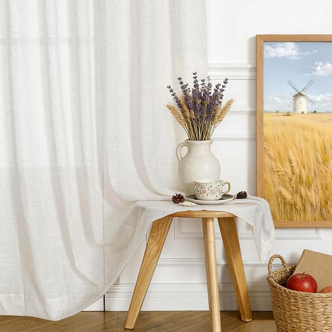 Vision Home Natural Pinch Pleated Sheer Curtains 108 inches Soft Cotton Feel Farmhouse Rustic Light Filtering Drapes,Window Treatment Panels with Hooks & Back Tab for Living Room Bedroom, 60"Wx108"Lx2