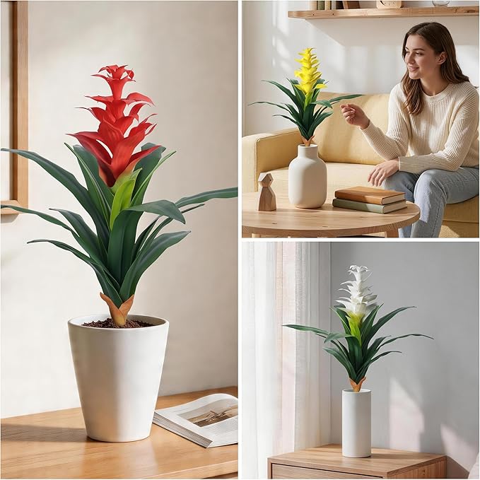 Ivydale Fake Flowers Plants for Outdoors, 2 Pcs 16.93" Bromeliad Artificial Flowers Uv Resistant Realistic Faux Flowers for Outdoor Planters Outside Porch Patio Yard Garden Indoor Decoration(Yellow)