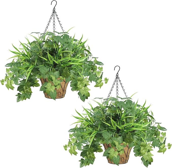 2 Pack Artificial Hanging Plants with Basket, 10 PCS UV Resistant Fake Outdoor Greenery Plants, Faux Grape Leaves for Home Garden Patio Front Porch Yard Decor (Green)