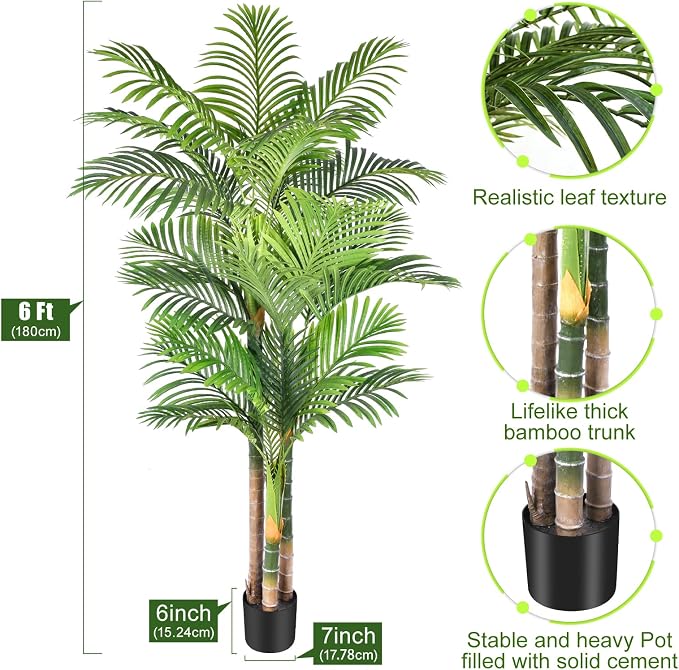 6ft Tall Triple Golden Cane Palm Artificial Tree Large Tropical Palm Tree UV Resistant Fake Plant in Pot for Indoor Outdoor Big House Living Room Outside Patio Office Home Decor 1Pack