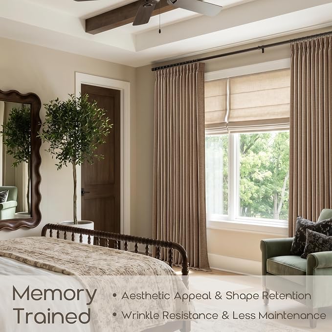 Pleated Rust Brown Linen Curtains 90 Inch 2 Panels Set Vintage Retro Semi Sheer Memory Shaped Burlap Drapes with Back Tab Hooks Rings Tan Pinch Pleat Living Room Bedroom Curtains 90 Inches Length