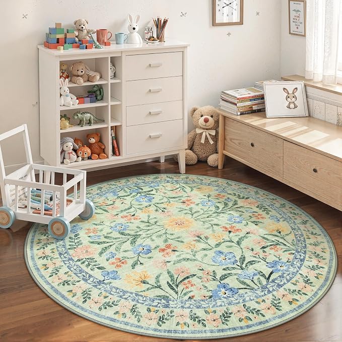 Wonnitar Washable Floral Round Rug, 6ft Sage Green Round Area Rugs for Bedroom Nursery, Boho Non-Slip Indoor Large Circle Carpets for Dining Room Living Room Kids Playroom