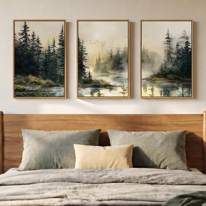 Framed Forest Landscape Nature Wall Art Bedroom, 3 Piece Foggy Pine Tree Lake Canvas Artwork for Walls, Sunset Wall Decor Paintings Pictures Print for Living Room Home Office Hallway, 16x24 Inch