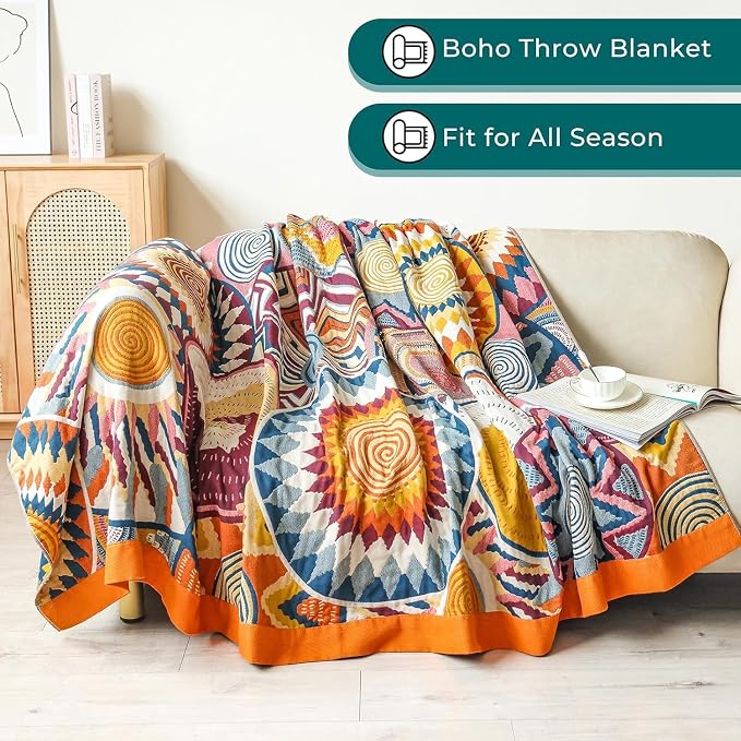 90"x108" Extra Large 4-Layer Gauze Summer Quilt for King Size Bed,100% Cotton Muslin Blankets for Adults,Reversible Boho Throw Blanket for Couch Bed Sofa Home Decor with Embroider Sun