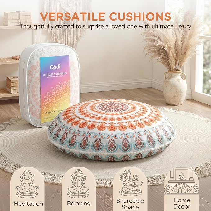 Codi Meditation Floor Pillow, Round Large Pillows Seating for Adults, Bohemian Mandala Circle Cushion for Outdoor Fireplace Yoga Living Room, 32 Inch, Memory Foam Added, Coral