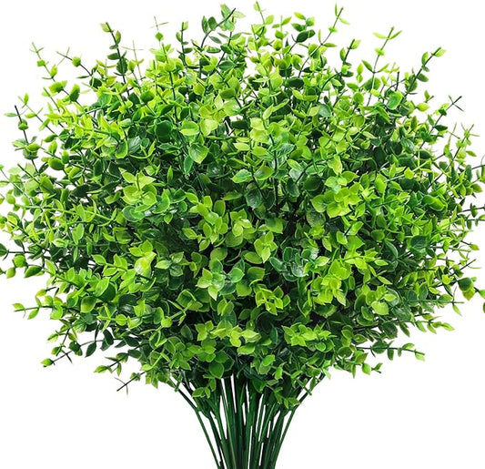 12 Bundles Greenery Artificial Plants Outdoors, Eucalyptus Stems UV Resistant Fake Foliage Plants Faux Boxwood Shrubs Indoor Decorations Artificial Flowers for Garden Pot Porch Fence Hanging Planter