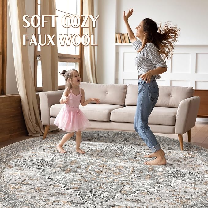 Round Rug Living Room Rugs: 7x7 Washable Boho Neutral Large Circle Soft Indoor Floral Stain Resistant Floor Farmhouse Carpet for Bedroom Nursery Kids Playroom Office Dining Room- Taupe