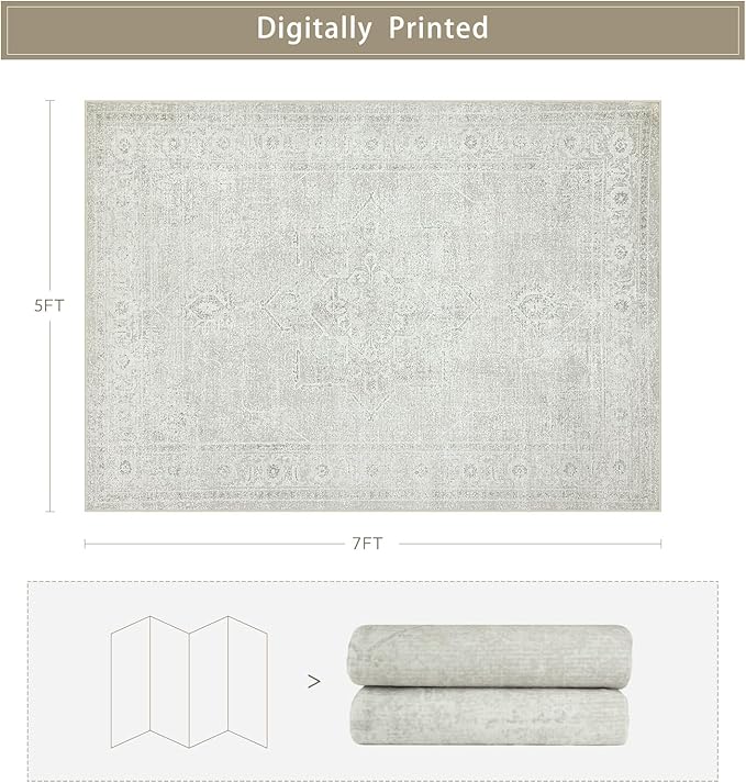 Srugn Washable Rugs 5x7 Area Rugs for Living Room,Bedroom,Large Carpets,Ultra Soft Faux Wool Retro Dining Room Rug,Non Slip&Non-Shedding Low Pile Vintage Rugs for Home Office,Concrete Grey
