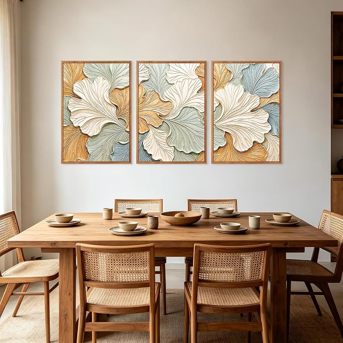 CHDITB 3D Neutral Earth Tone Impasto Ginkgo Leaf Textured Framed Canvas Wall Art Set, Pastel Minimalist Relief Wall Decor, Modern Art Prints for Living Room Hallway Bedroom Home Decor 24"x36"x3