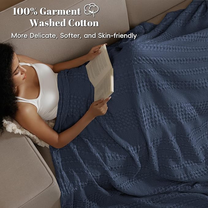PHF 100% Cotton Waffle Blanket Queen Size for Bed, Lightweight Breathable and Soft for Summer, Luxury Aesthetic Waffle Weave Blanket for Home Decor & Gifts for Women, 90"x90", Indigo
