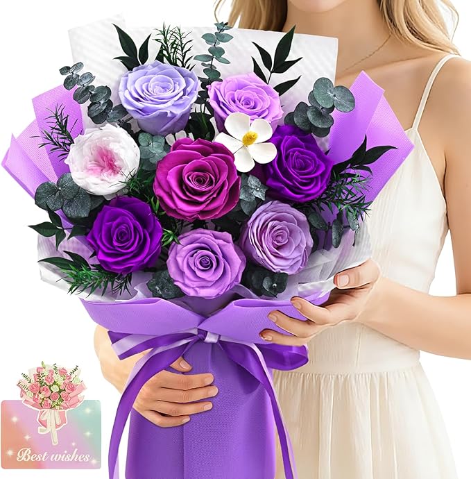 Forever Rose Flowers for Delivery, 8-Piece Preserved Roses Bouquet Birthday Gifts for Women, Long Lasting Purple Roses with Gift Box for Mom, Forever Flowers with Vase for Her Wife Girlfriend