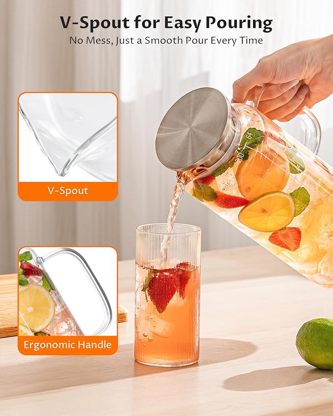 68oz Borosilicate Glass Pitcher with Lid and Handle – Dual Filter Spout, 300°F High-Temperature Resistant Carafe for Hot & Cold Drinks, Perfect for Iced Sun Tea, Coffee, BreastMilk, and Fridge Storage