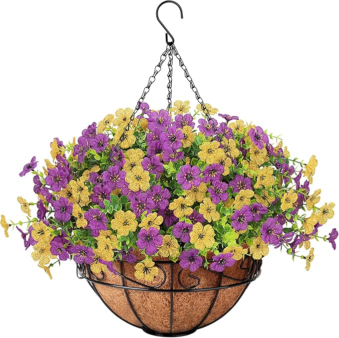 Artificial Fake Hanging Flowers Plants Basket Outdoors, Faux Silk UV Resistant Look Real Daisy Eucalyptus for Spring Summer Garden Porch Home Patio Balcony Yard Decorations, Yellow Purple