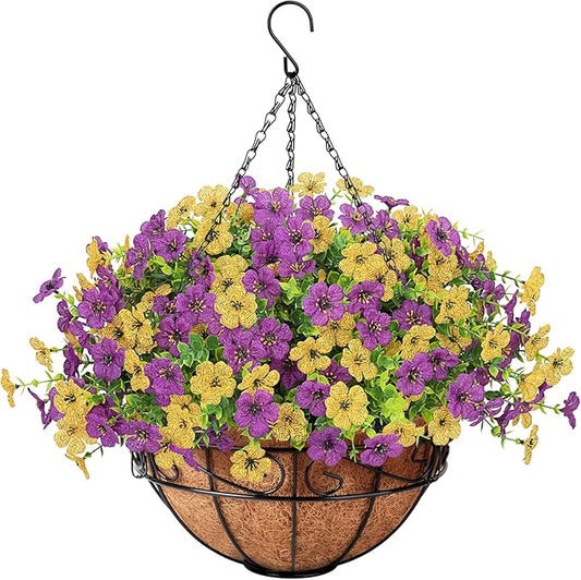Artificial Fake Hanging Flowers Plants Basket Outdoors, Faux Silk UV Resistant Look Real Daisy Eucalyptus for Spring Summer Garden Porch Home Patio Balcony Yard Decorations, Yellow Purple