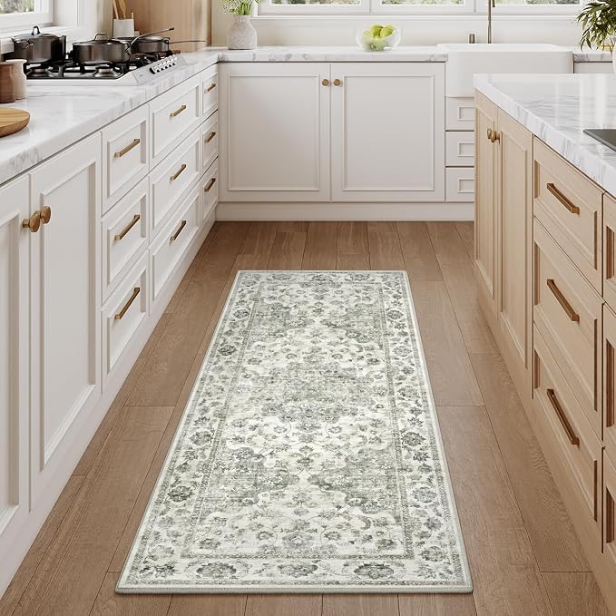 2x5 Washable Neutral Runner Rug Green Vintage Hallway Kitchen Carpet Non-Slip Soft Low Pile Farmhouse Throw Rug for Bedroom Bathroom Laundry Living Room
