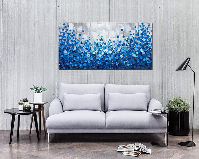 Blue Flower Canvas Wall Art 40x20 inch - Hand Painted Textured Oil Painting, Modern Framed Home Decor, Ready to Hang for Living Room, Bedroom, Office