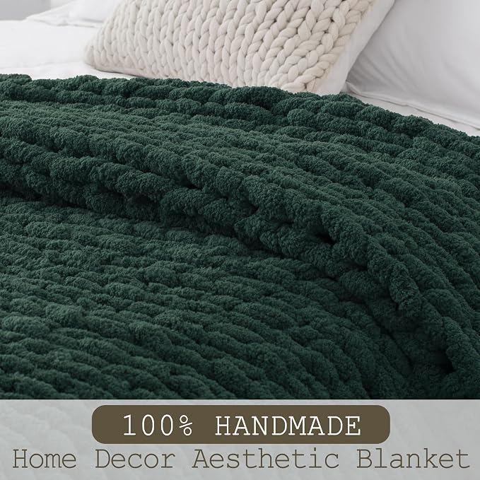 Chunky Knit Throw Blanket 60x80, 100% Handmade Chenille Yarn | 6.7lbs Soft Thick Cable Knitted Blankets, Large Rope Knot Crochet Throws for Couch Sofa Bed Christmas Fall Decor, Dark Green