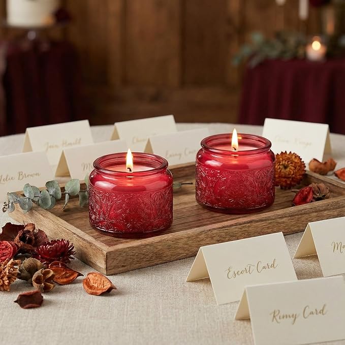 4 oz Red Mandala Glass Candle Jars with Bamboo Lids, 18 Pack | Patented Embossed Design, Includes Wick Centering Devices & Warning Labels, Multiple Color Options