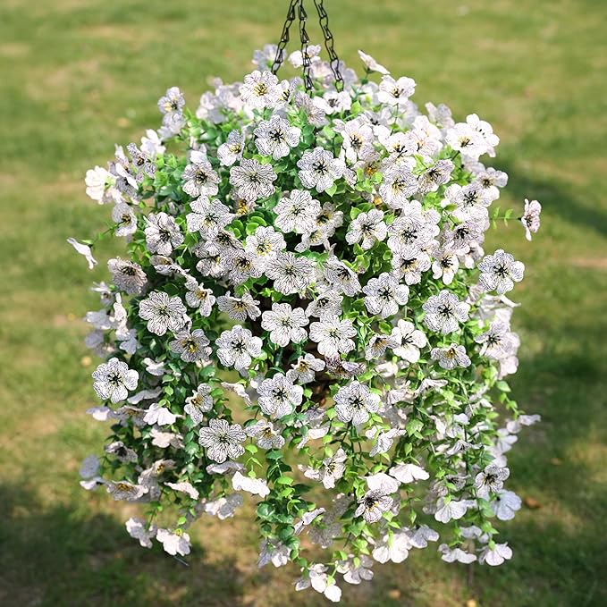 HyeFlora Artificial Hanging Flowers Basket for Outdoor, Fake Flowers Faux Plants Look Real for Yard Gardens Porch Patio Home (White)