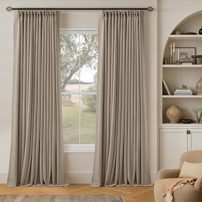 Dark Flax 94 Inch Long Blackout Curtains Thick Linen Pinch Pleated Curtains 2 Panels for Bedroom Living Room Darkening Light Blocking Energy Saving Pinch Pleat Back Tab 94 Inch Window Drapes