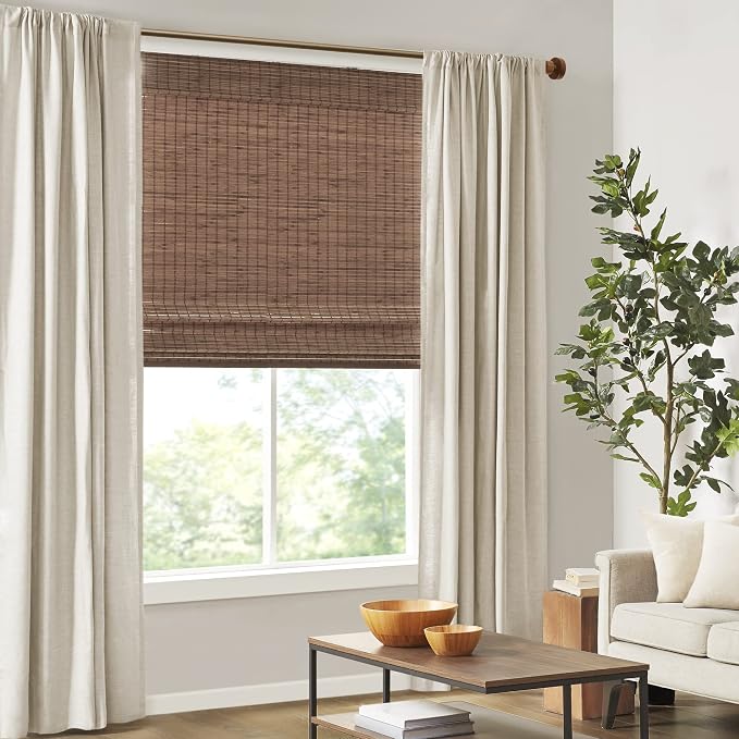 Madison Park Eastfield 100% Bamboo Cordless Roman Shades-Woven Wooden Privacy Panel, Light Filtering Easy Installation Window Blind Treatment, Bedroom, Living Room Decor, 35" W x 64" L, Teak
