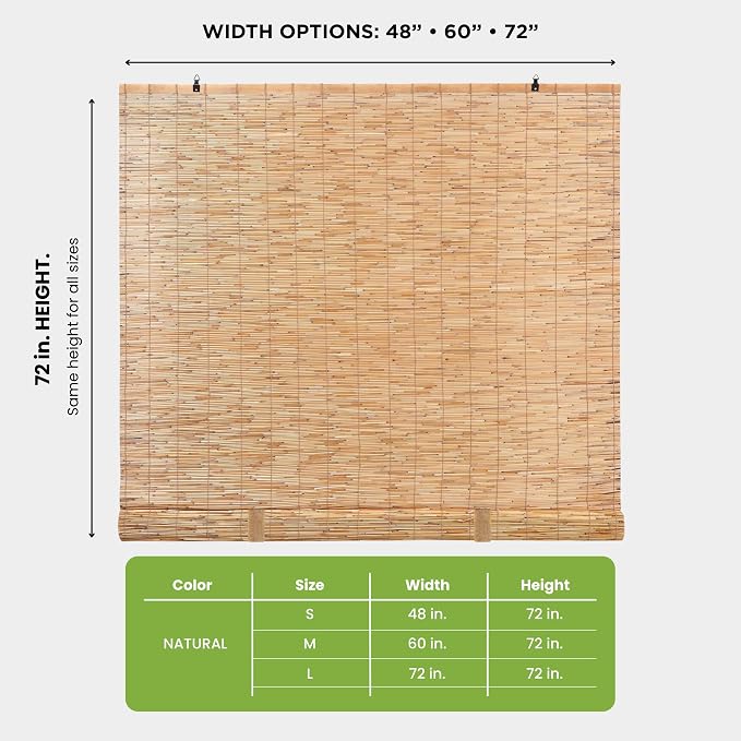 Forever Bamboo Bamboo Reed Cordless Light-Filtering Shades Manual Roll-Up Reed Window Shades Roman Blinds for Indoor Windows by Forever Bamboo, Made of Natural Reed, 72 in W x 72 in H