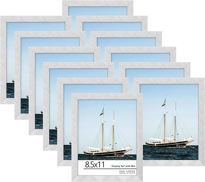 Picrit 8.5x11 Picture Frame Set of 12, Display 6x8 with Mat or 8.5 x 11 without Mat, Photo Frames for Wall Mounting or Table Top Display, Silver