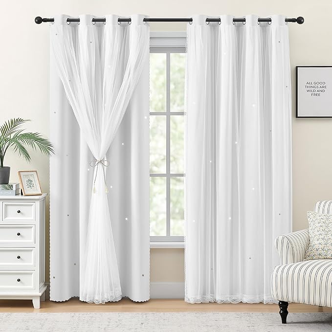 XiDi White Curtains for Kids Girls Bedroom 2 Panels Blackout Double Layer Curtains with Sheer Overlay 72 Inches Length for Nursery Princess Room Star Cut Out Home Decor Grommet Window Drapes W52 X L72