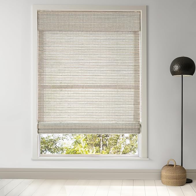 LazBlinds Cordless Bamboo Roman Shades for Windows, 29.5x64, Greystone | Light Filtering Natural Bamboo Blinds, Easy Lift Cordless Design for Living Room & Bedroom, Fits Interior Windows