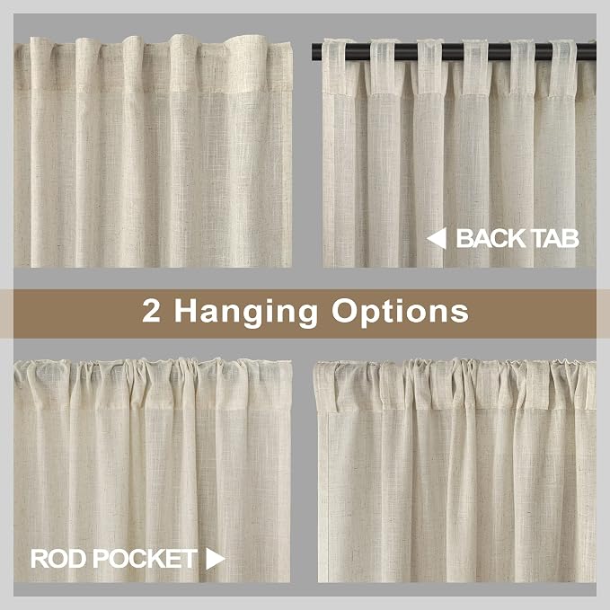 Flax Linen Curtains 108 Inches Long for Kids Room 2 Panels Back Tab Pocket Window Draperies Light Filtering Semi Privacy Beige Sheer Curtains for Living Room Sliding Door Track Cotton Canvas Look 9 FT