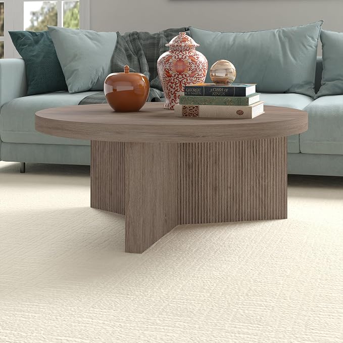 Henn&Hart 36" Fluted Round Low-Profile Coffee Table with Ribbed Pedestal Base for Living Room, Family Room, or Office, Weathered Gray