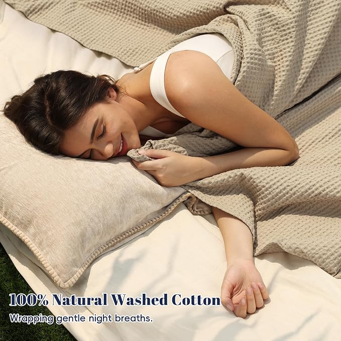 PHF Pre-Washed 100% Cotton Waffle Weave Blanket Twin Size for Bed,Snag Proof Throw Blanket for Couch Spring Summer Lightweight Breathable,Machine Washable, Home Decor Gift - Khaki/Simply Taupe