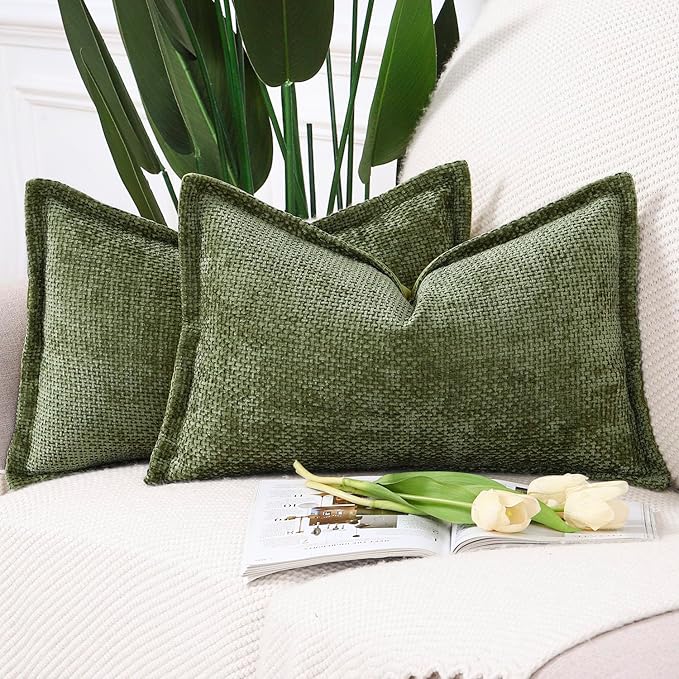 MADIZZ Decorative Chenille Velvet Throw Pillow Covers Set of 2 Soft Boho Textured Neutral Couch Throw Pillow for Bed Modern Farmhouse Home Decor for Sofa Livingroom Moss Green 12x20 Inch