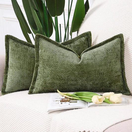 MADIZZ Decorative Chenille Velvet Throw Pillow Covers Set of 2 Soft Boho Textured Neutral Couch Throw Pillow for Bed Modern Farmhouse Home Decor for Sofa Livingroom Moss Green 12x20 Inch