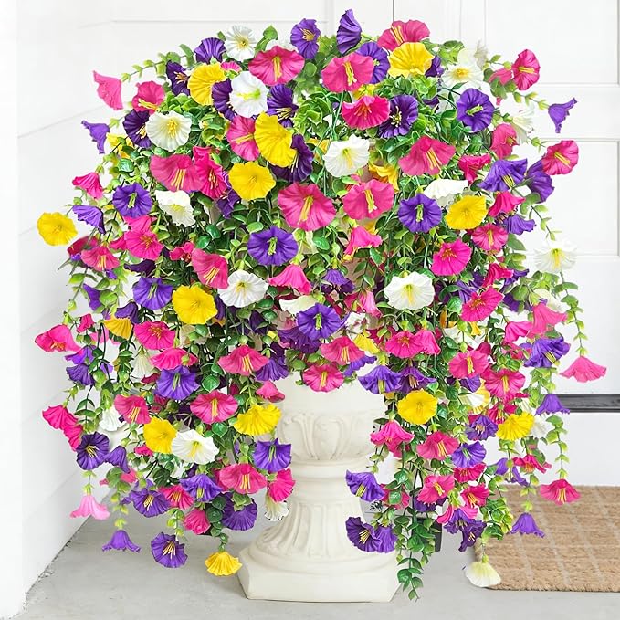 4PCS Artificial Hanging Flowers for Outdoors Summer Decoration, Fake Hanging Plants Faux Petunias with Eucalyptus, UV Resistant No Fade Plastic Realistic Silk Flowers for Porch Patio Balcony Indoor