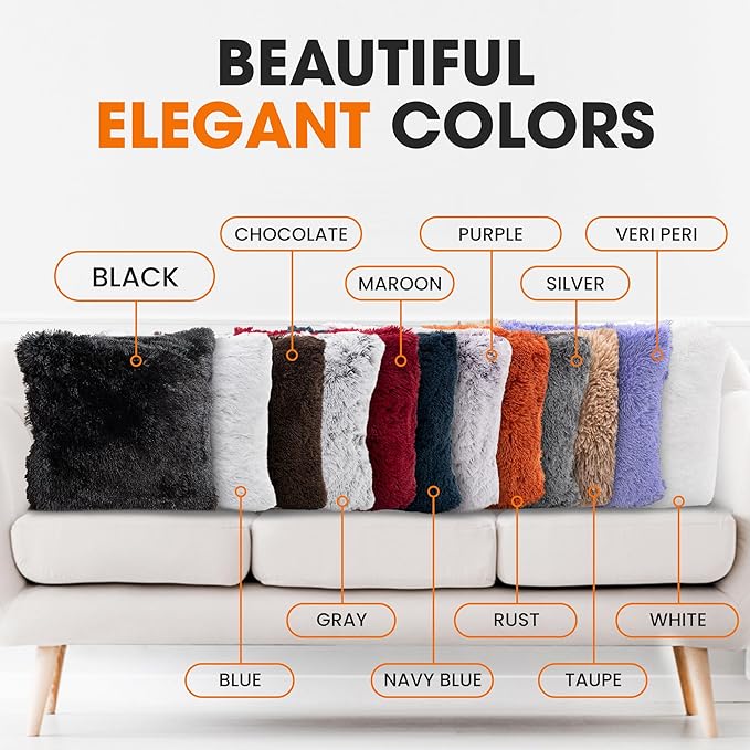 Cheer Collection Throw Pillows for Couch and Bed, Soft Shaggy Throw Pillows with Inserts Included, Cozy Long Hair Faux Fur Pillows - Set of 2-22" x 22" Black