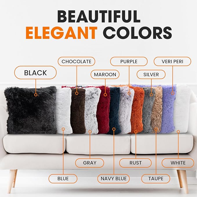 Cheer Collection Throw Pillows for Couch and Bed, Soft Shaggy Throw Pillows with Inserts Included, Cozy Long Hair Faux Fur Pillows - Set of 2-26" x 26" Black