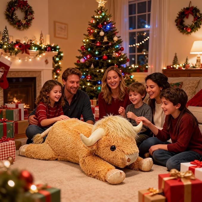 WDXDSOB 38.5 Inch Yellow Giant Highland Cow Plush Stuffed Animal - Large Cow Pillow Gift for Kids and Adults, Couch & Bed Decor