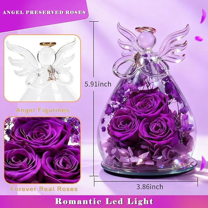 Beferr Mothers Day Mom Birthday Gifts for Women, Fresh Flowers for Delivery Forever Preserved Rose in Glass Angel Figurine, Anniversary Christian Real Rose for Grandma Nana Wife Mum from Daughter Son