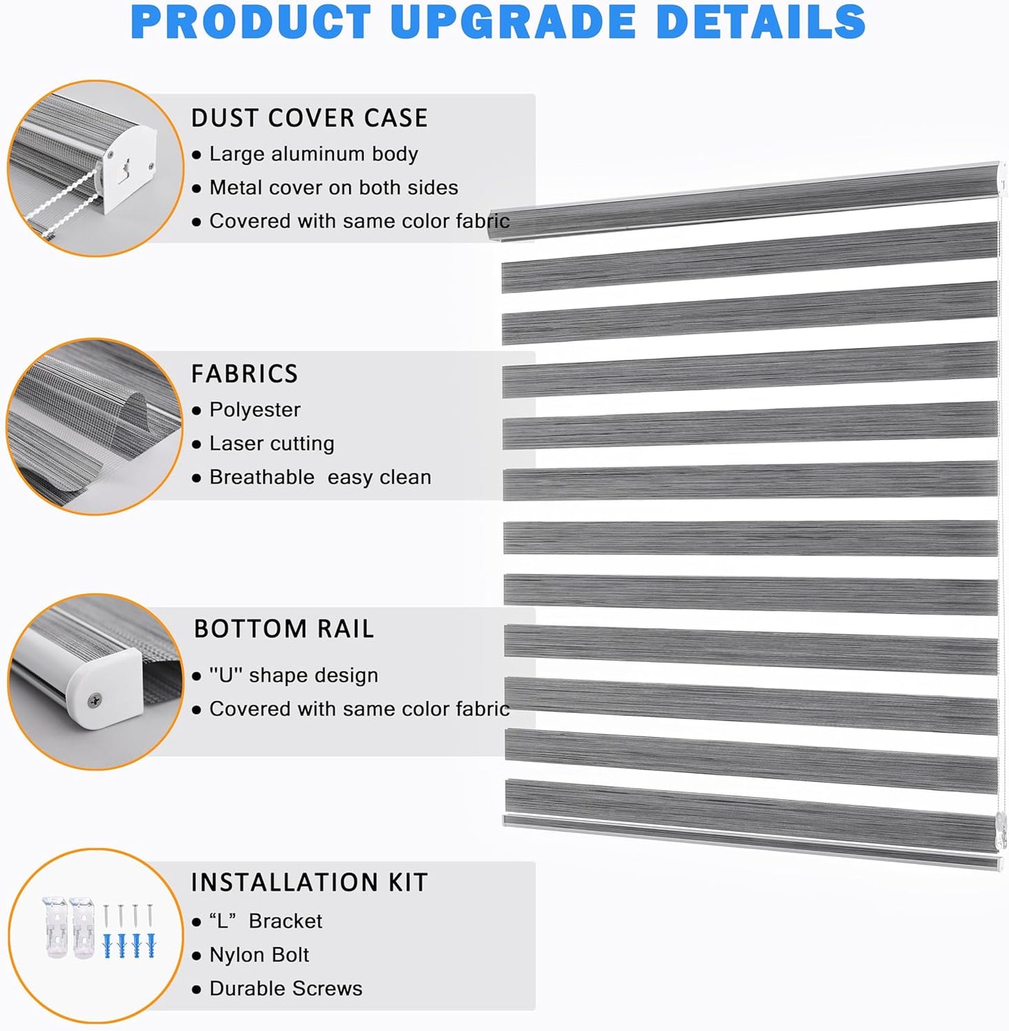 Zebra Blinds for Windows, Free-Stop Zebra Shades, Dual Layer Light Filtering Sheer Blinds for Indoor Windows, Roller Window Shades for Privacy (24" W X 72" H, Grey)