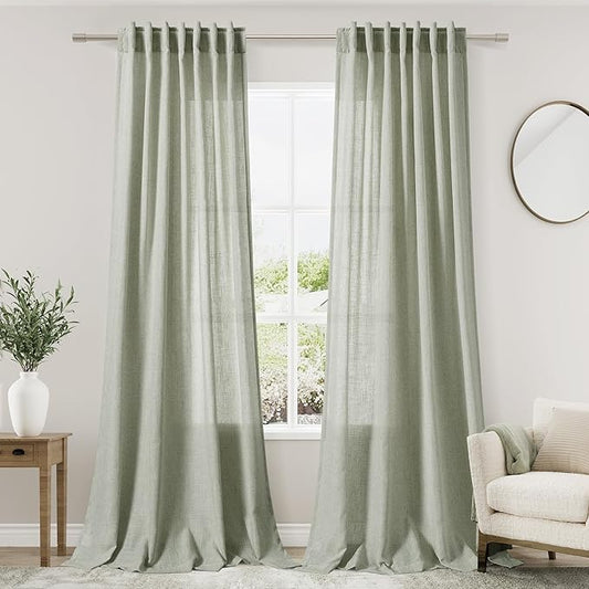 2 Panels Set Sage Green Linen Curtains 126 Inches Long for Living Room Extra Long Back Tab Curtain Neutral Farmhouse Light Filtering Semi Sheer Linen Drapes Ceiling to Floor for Large Window 52x126