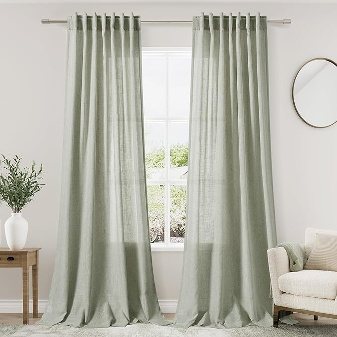 Sage Curtains 95 inches Long 2 panels for Living Room Back Tab Rod Pocket Semi Sheer Linen Draperies Muted Neutral Sage Green Room Decor Earth Tone Pale Green Curtains for Nursery Bedroom Office