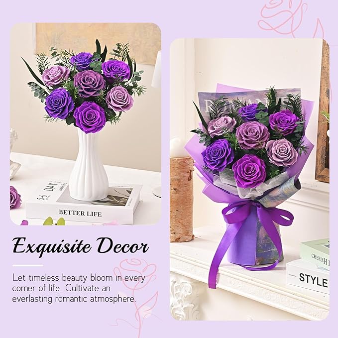 Flowers for Delivery Prime 7 Roses, Mothers Day Flowers for Mom, Mothers Day Gifts, Forever Preserved Purple Flower Bouquet Eternas Rose Birthday Gifts for Women Gf Gifts Wedding Anniversary