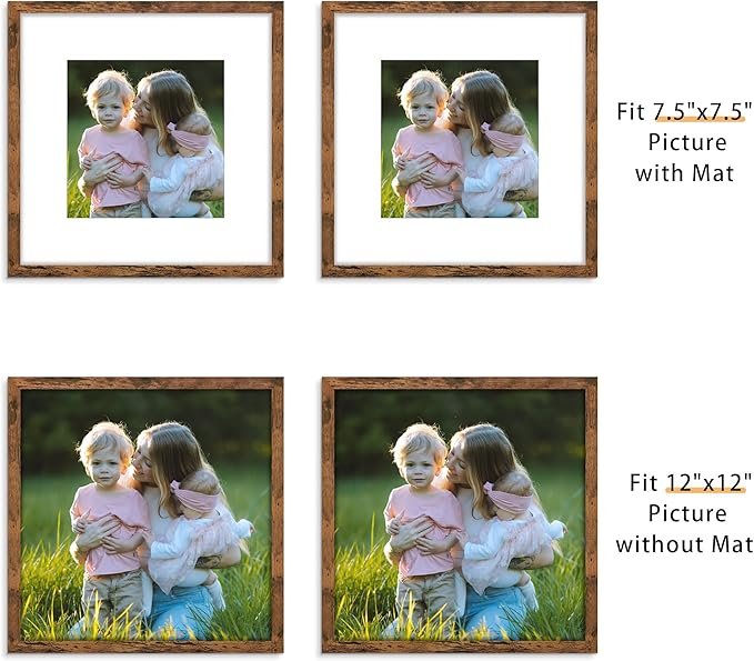 Picrit 12x12 Picture Frame Set of 12, Display 8x8 with Mat or 12 x 12 without Mat, Photo Frames for Wall Mounting Display, Brown